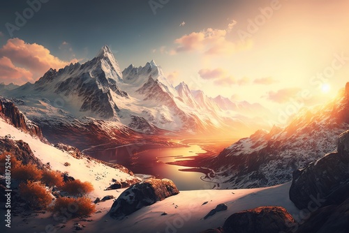 Scenic sunrise in the high mountains of the alps background. Generative ai.