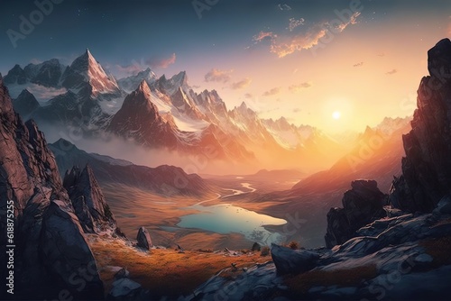 Scenic sunrise in the high mountains of the alps background. Generative ai. © MdTaher