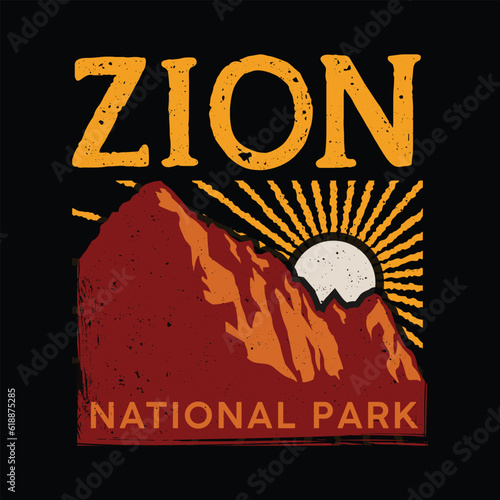 vector illustration of Zion National Park with a shining sun in retro style for your t-shirt design, posters and other uses