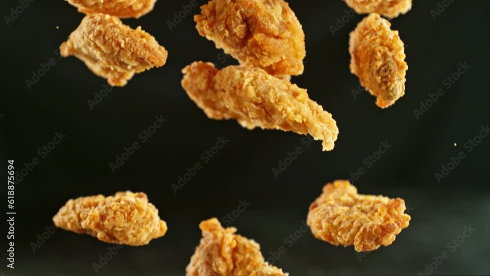 Super slow motion of flying fried chicken pieces on grey background. Filmed on high speed cinema camera, 1000fps, placed on high speed cine bot. Camera in motion, following objects. Super slow motion of flying fried chicken pieces on grey background. Filmed on high speed cinema camera, 1000fps, placed on high speed cine bot. Camera in motion, following objects.