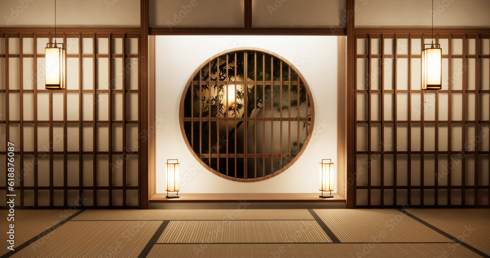 Fototapeta premium Japan room ,Muji style, Empty wooden room,Cleaning japandi room interior