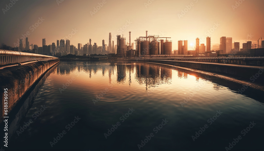 Modern skyline reflects city growth at dusk generated by AI