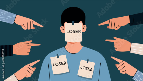 Hands point the finger at the loser man. A victim of bullying. Ridicule and rejection by society. A person with badges is a loser subjected to people's insults.Concept illustration.
