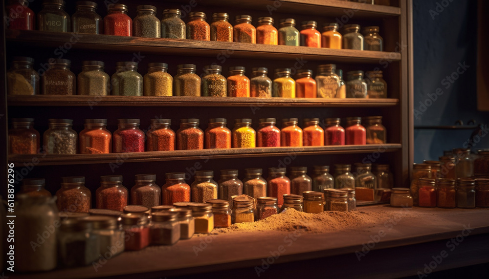 Abundance of old fashioned glass bottles on wooden shelf generated by AI