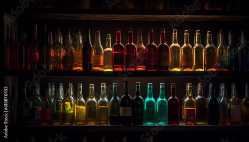 Multi colored wine bottles illuminate dark bar background generated by AI