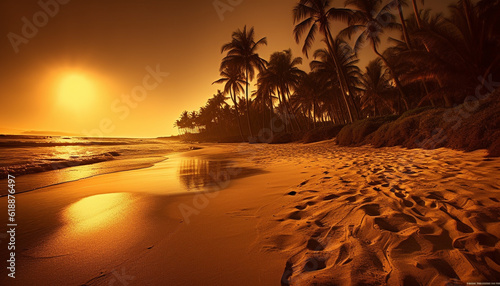 Golden sunset over Maui tranquil coastline generated by AI