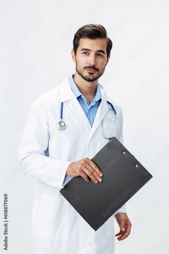 Man doctor in white coat with stethoscope and folder for notes and patient records smile and good test results look into camera on white isolated background, copy space, space for text, health Man doctor in white coat with stethoscope and folder for notes and patient records smile and good test results look into camera on white isolated background, copy space, space for text, health