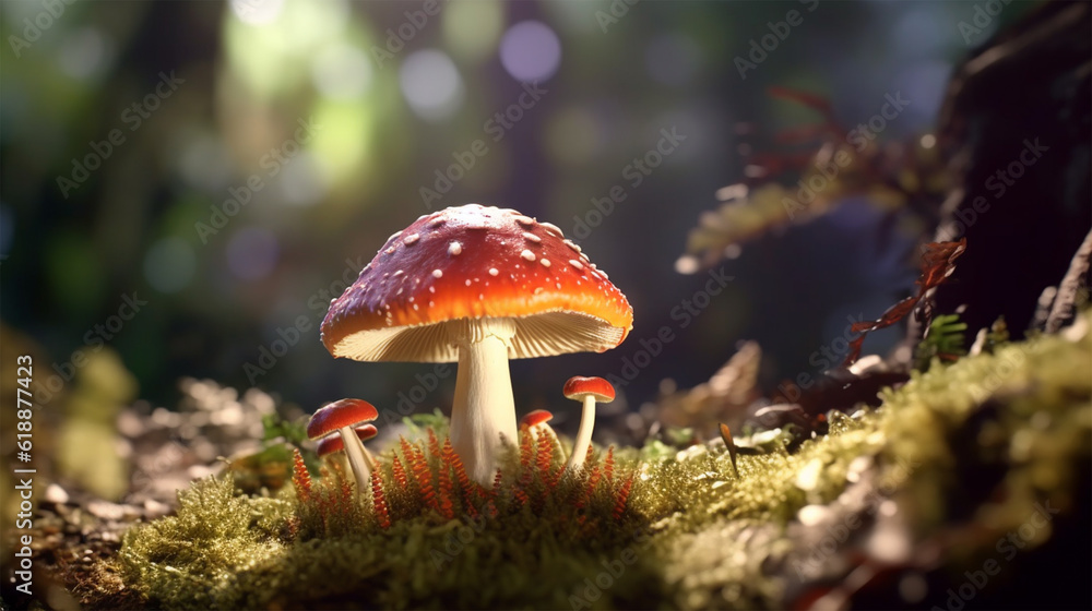 Fototapeta premium photo of red mushrooms in the forest, generative ai