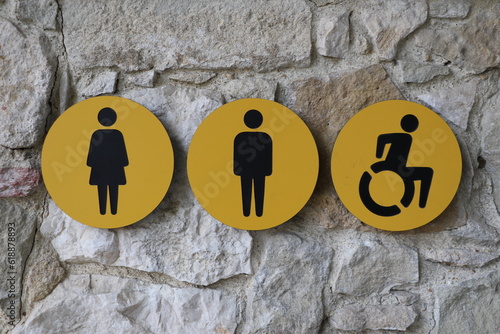 Signalétique de toilettes avec pictogrammes homme, femme et personne handicapée accessible