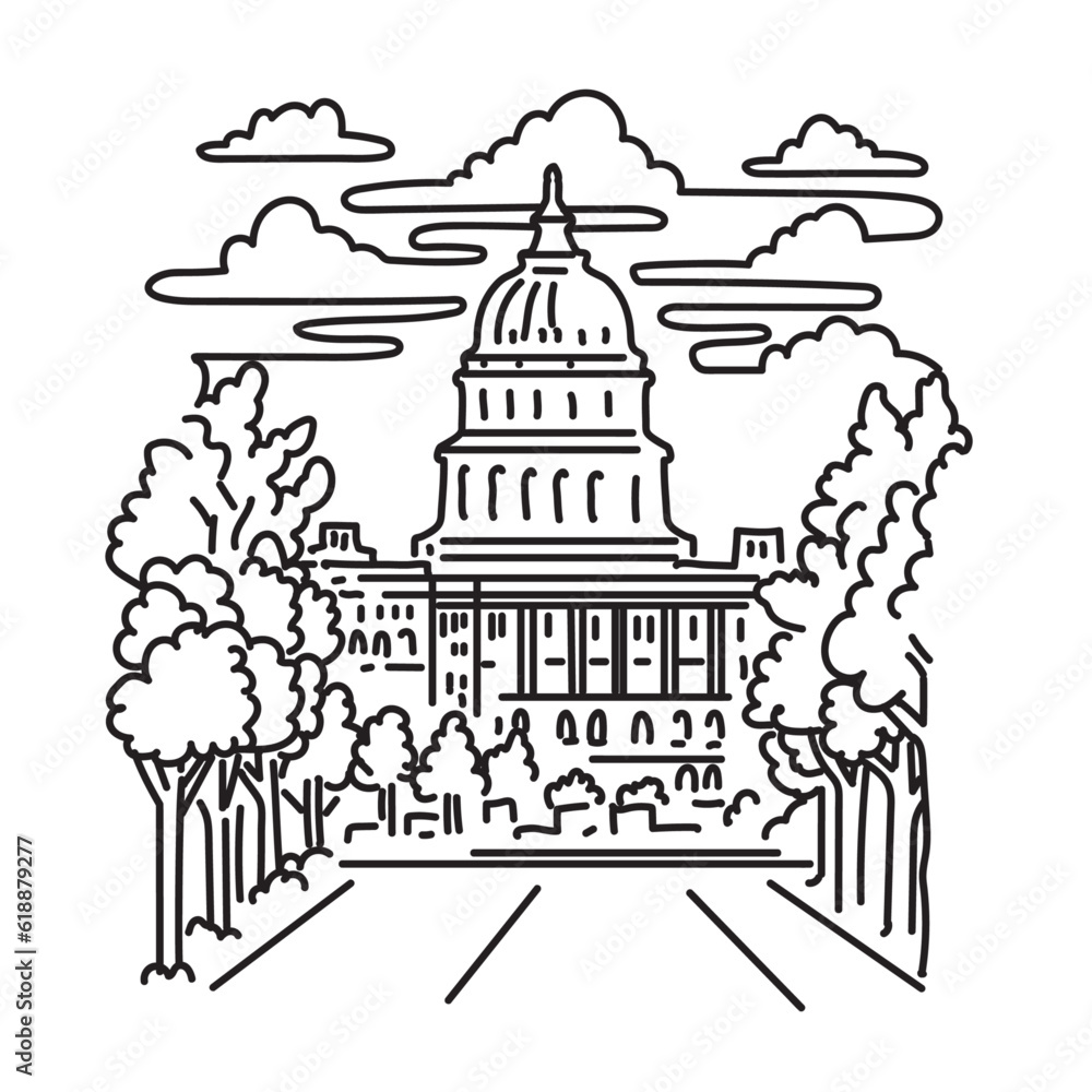Mono line illustration of the US Capitol Building in Washington DC in the United States USA done in monoline line art style.