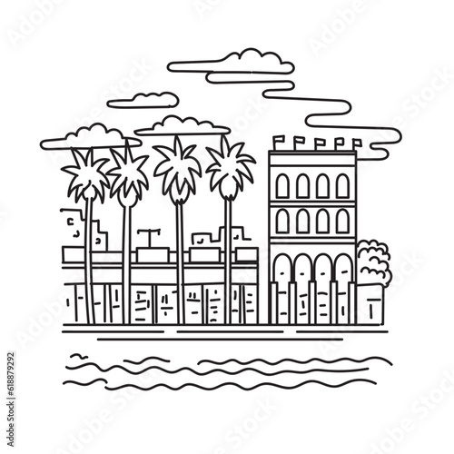 Mono line illustration of Venice Beach neighborhood of the city of Los Angeles within the Westside region of Los Angeles County, California USA done in monoline line art style.