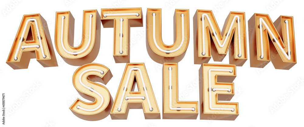 Golden 3d text with glowing neon tube. typography. 3D illustration. AUTUMN SALE.