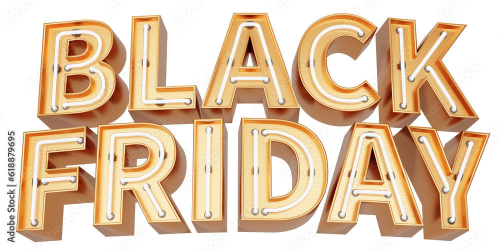Golden 3d text with glowing neon tube. typography. 3D illustration. BLACK FRIDAY. Golden 3d text with glowing neon tube. typography. 3D illustration. BLACK FRIDAY.