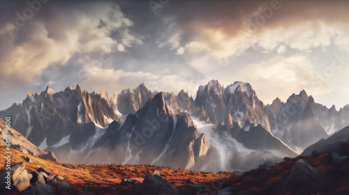 Beautiful mountain landscape with rugged and majestic mountain peaks and valleys. Generative ai. © Modern Artizen
