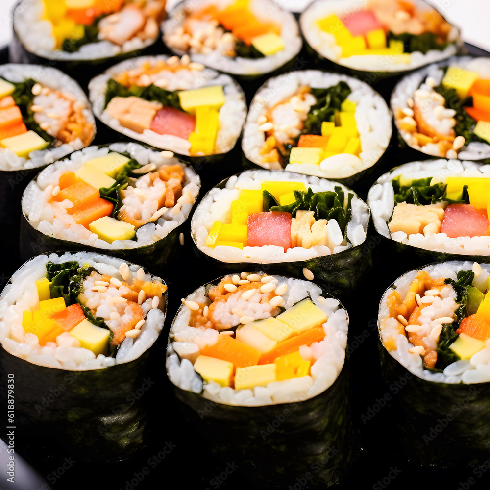 Kimbap (seaweed rice roll) on plate recipe, Popular korean street food seaweed rice roll, A balance of rice, vegetables, and protein wrapped in crispy seaweed | Generative AI Kimbap (seaweed rice roll) on plate recipe, Popular korean street food seaweed rice roll, A balance of rice, vegetables, and protein wrapped in crispy seaweed | Generative AI