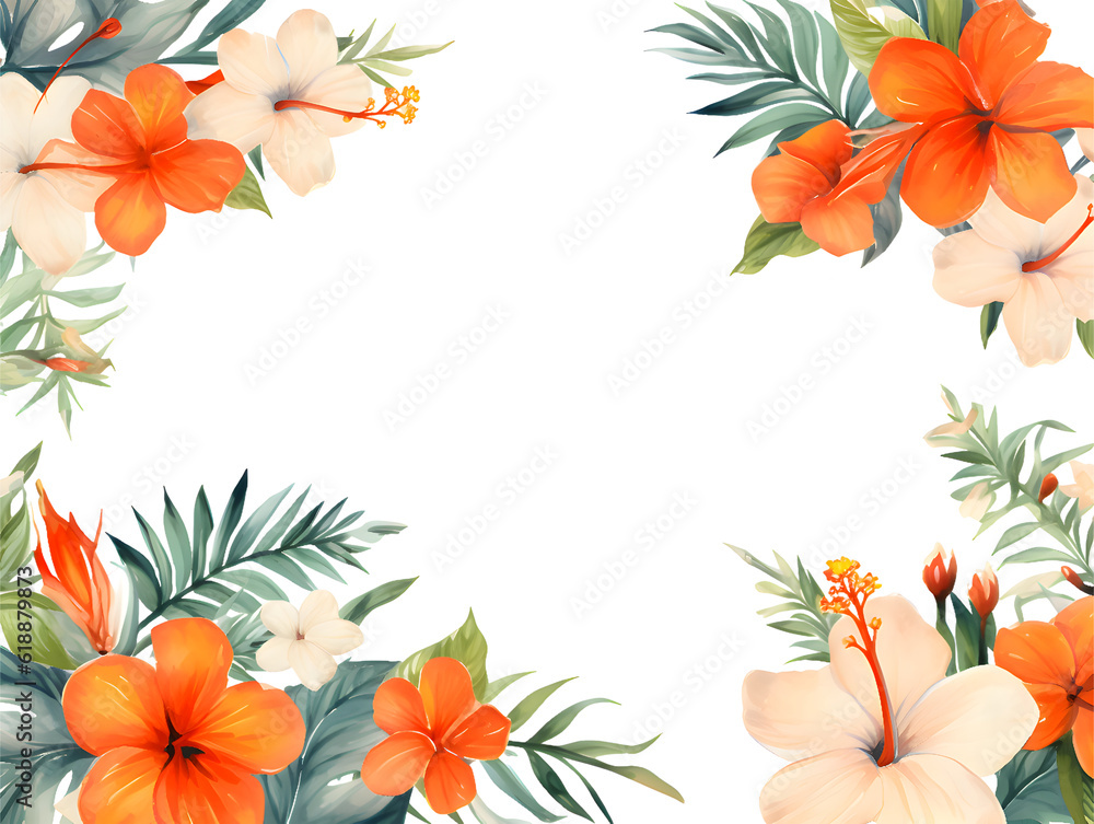 Frames with tropical leaves and flowers for wedding cards and sale posters. Generative AI