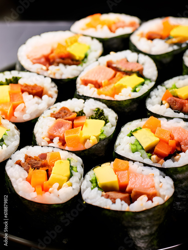 Kimbap (seaweed rice roll) on plate recipe, Popular korean street food seaweed rice roll, A balance of rice, vegetables, and protein wrapped in crispy seaweed | Generative AI