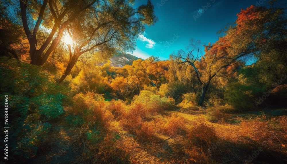 Autumn forest glows with multi colored leaves generated by AI