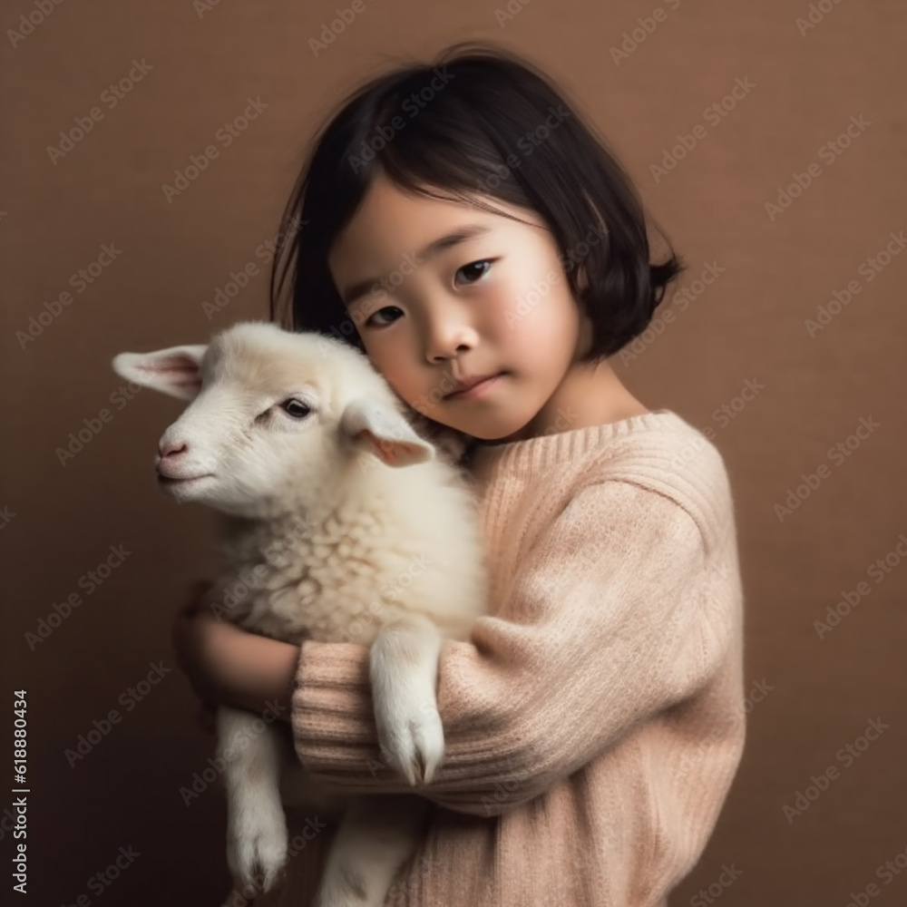 Young Asian girl hugging a young sheep or lamb. Generative ai. Young Asian girl hugging a young sheep or lamb. Generative ai.