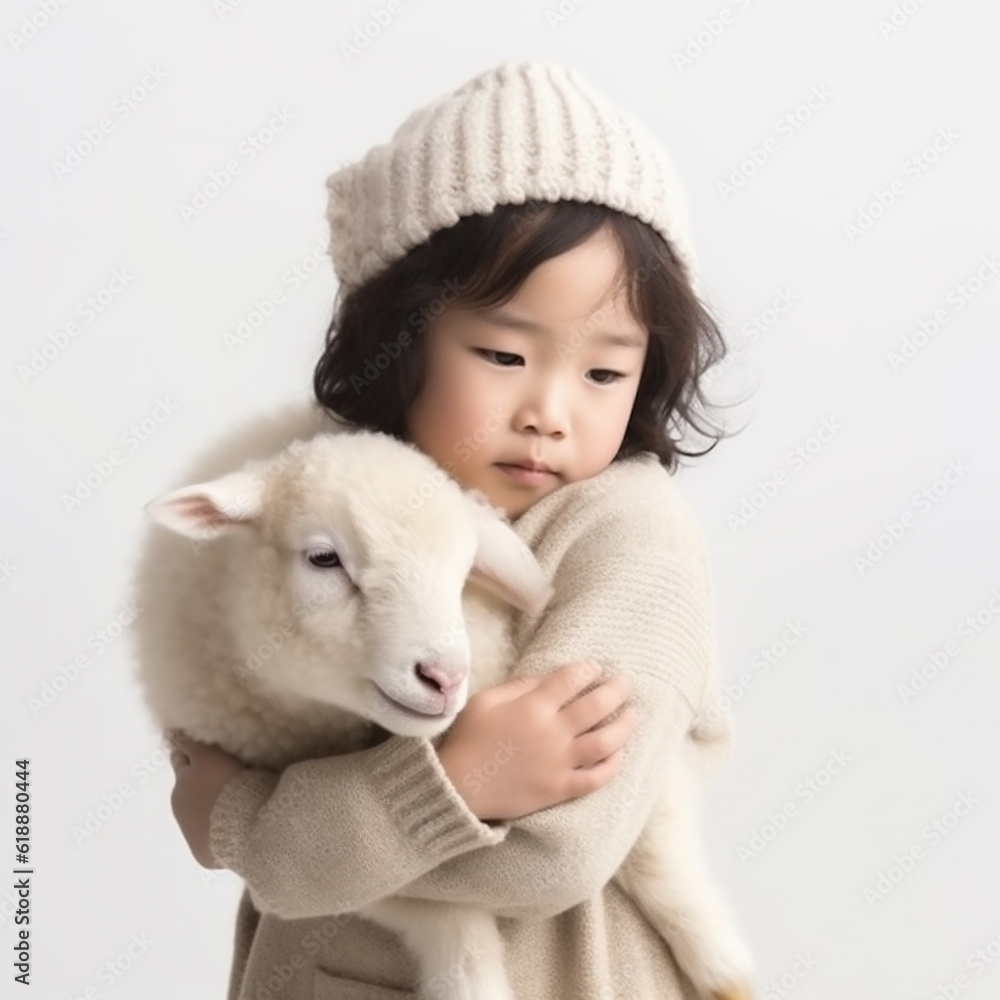 Young Asian girl hugging a sheep. Generative ai. Young Asian girl hugging a sheep. Generative ai.