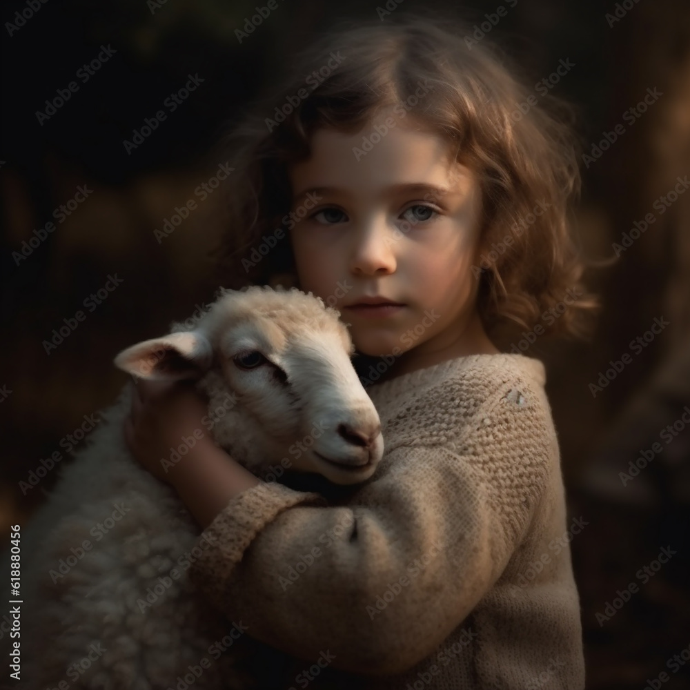 Young girl hugging a sheep and looking at camera. Generative ai. Young girl hugging a sheep and looking at camera. Generative ai.
