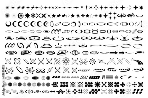 Set of abstract isolated retro futuristic geometric elements in y2k style. Collection with symbols and shapes for template, poster, web, landing page, stickers