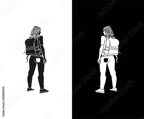 silhouette illustration of a woman with a backpack in high contrast card