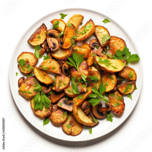 Portion of roasted potato with mushrooms