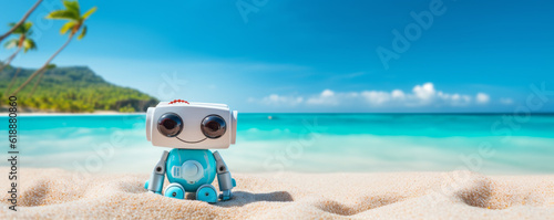 Cute litlle robot on vacation, travel concept. Generative AI photo