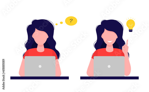 A woman with long hair working at a computer thinking about solving problems and finding a creative idea. Vector illustration in flat style. Isolated on white background.