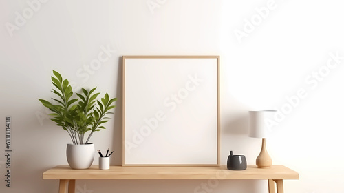 minimalist home decoration with blank white frame mockup on wall © masmadz99