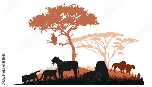 African savannah landscape with lion silhouettes. Vector illustration.