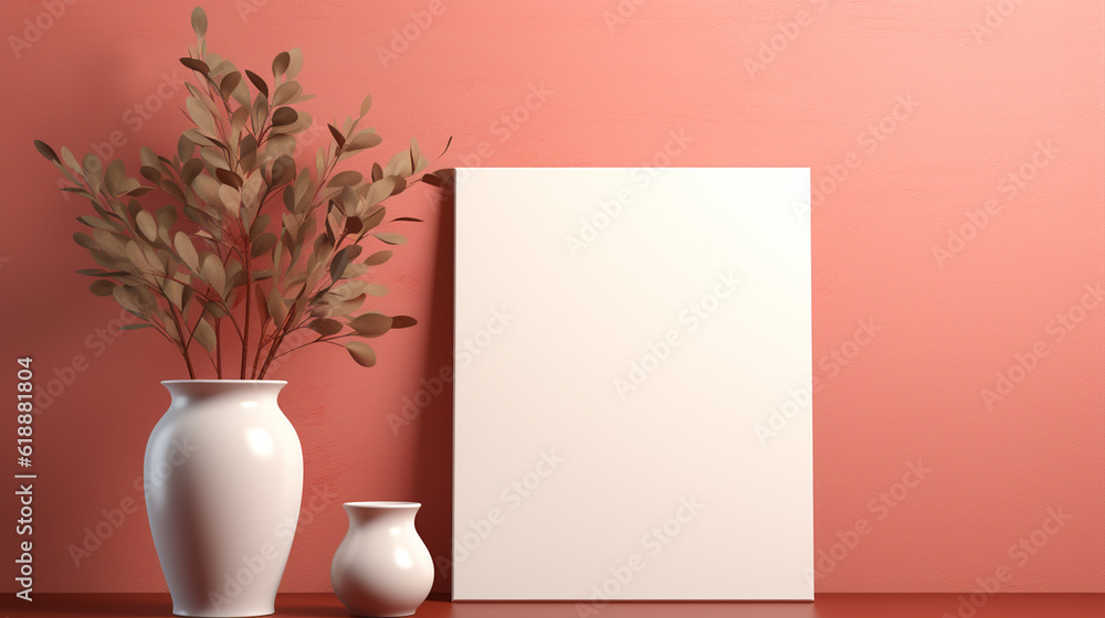 mockup of white frame and vase with plant floral decoration for creative advertising presentation product. combined with a bright color background. mockup of white frame and vase with plant floral decoration for creative advertising presentation product. combined with a bright color background.