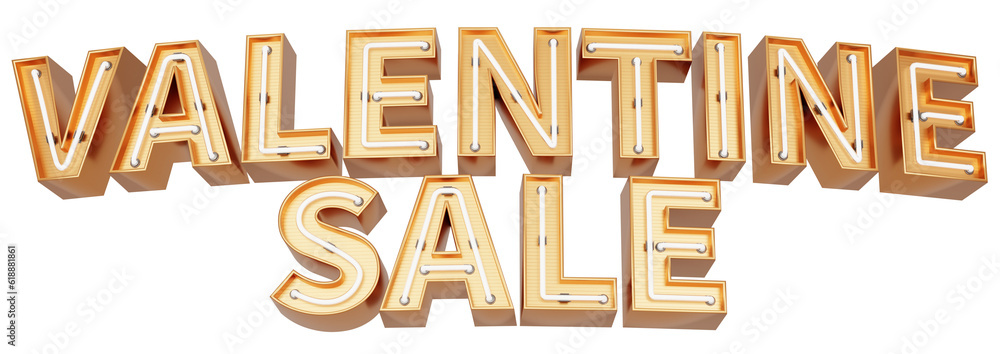 Golden 3d text with glowing neon tube. typography. 3D illustration. VALENTINE SALE. Golden 3d text with glowing neon tube. typography. 3D illustration. VALENTINE SALE.