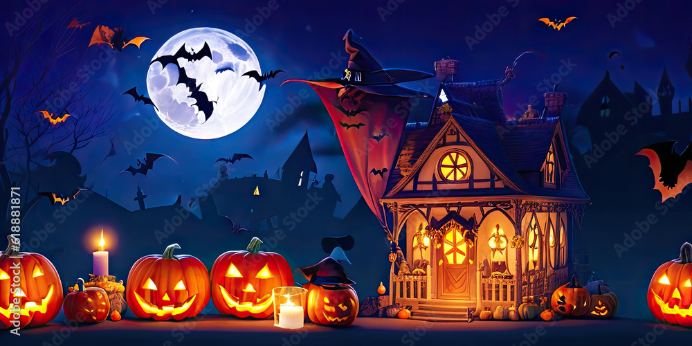 Halloween night pumpkins with dark castle background,Generative AI.