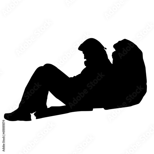 Silhouette of a man sitting on the ground with a backpack. Vector illustration