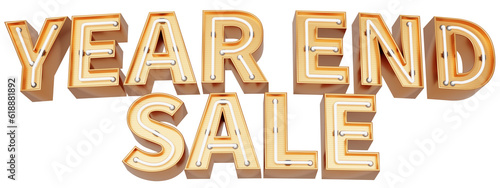 Golden 3d text with glowing neon tube. typography. 3D illustration. YEAR END SALE.