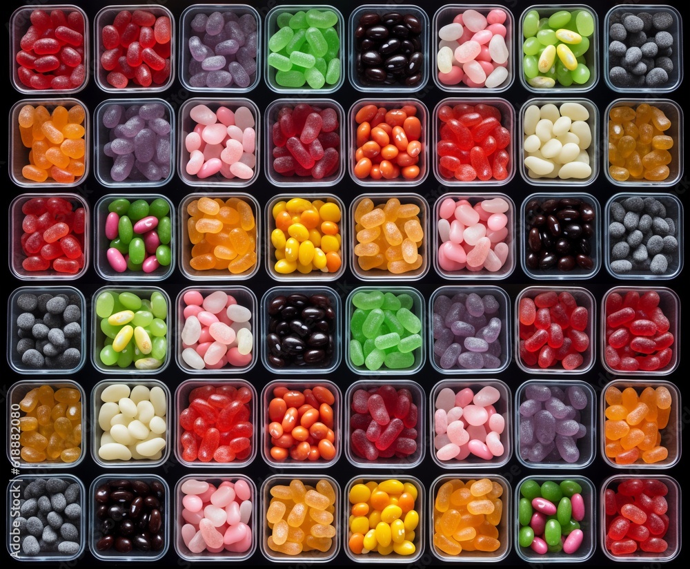 Set of candy boxes, top view on a black background. Generative AI 