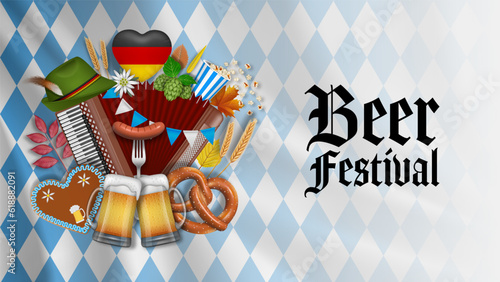 oktoberfest banner with accordion, beer mugs, pretzel and fall leaves 