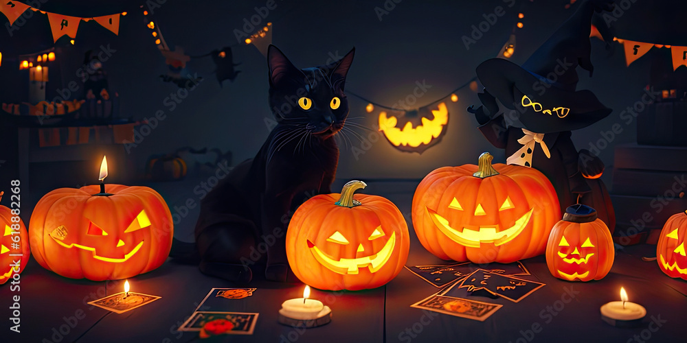 Halloween night pumpkins with dark castle background,Generative AI.h