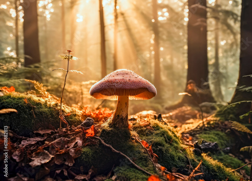 Fictional mushroom in the forest, autumn, morning sun, generative AI