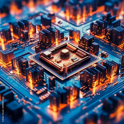 Surreal science fiction cityscape of a micro city, microchip, processor, electronics, circuit, generative AI © pwmotion