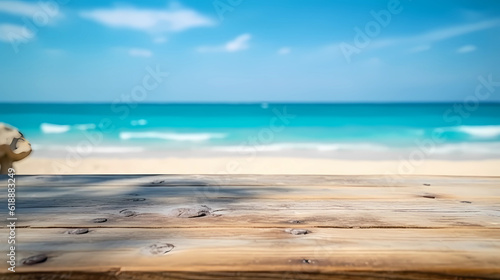 Empty wooden table on the beach with sky and clouds background. for presentation product.