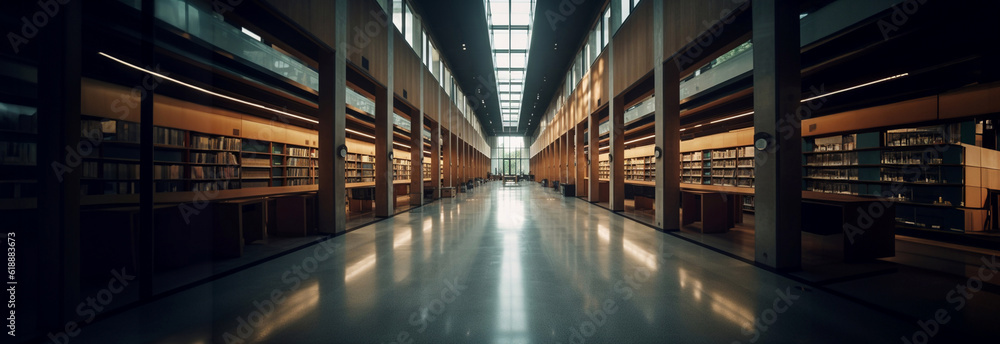 The interior space of a public library. Generative AI.