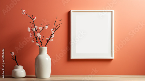 Beauty of a combination mock up frame on pink wall with unprimed white vase and flowers. 