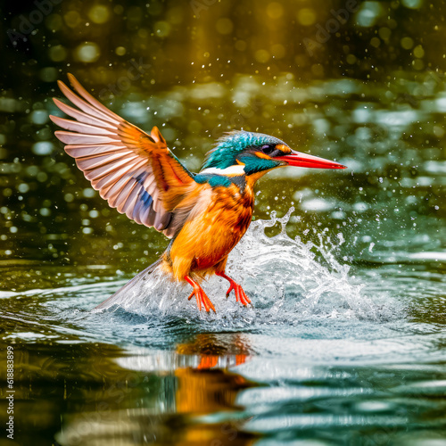 Flying kingfisher fishing in clear water, Generative AI
