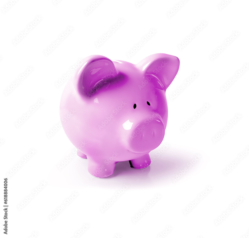 Lavender piggy bank 3D render, on white background Lavender piggy bank 3D render, on white background