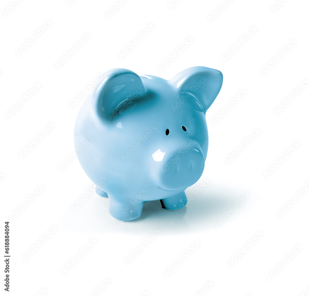 Blue piggy bank 3D render, on white background