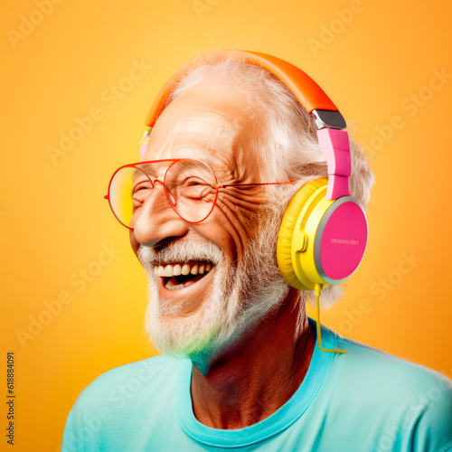 Happy grandpa wearing colorful headphones to listen to music for entertainment, Generative AI