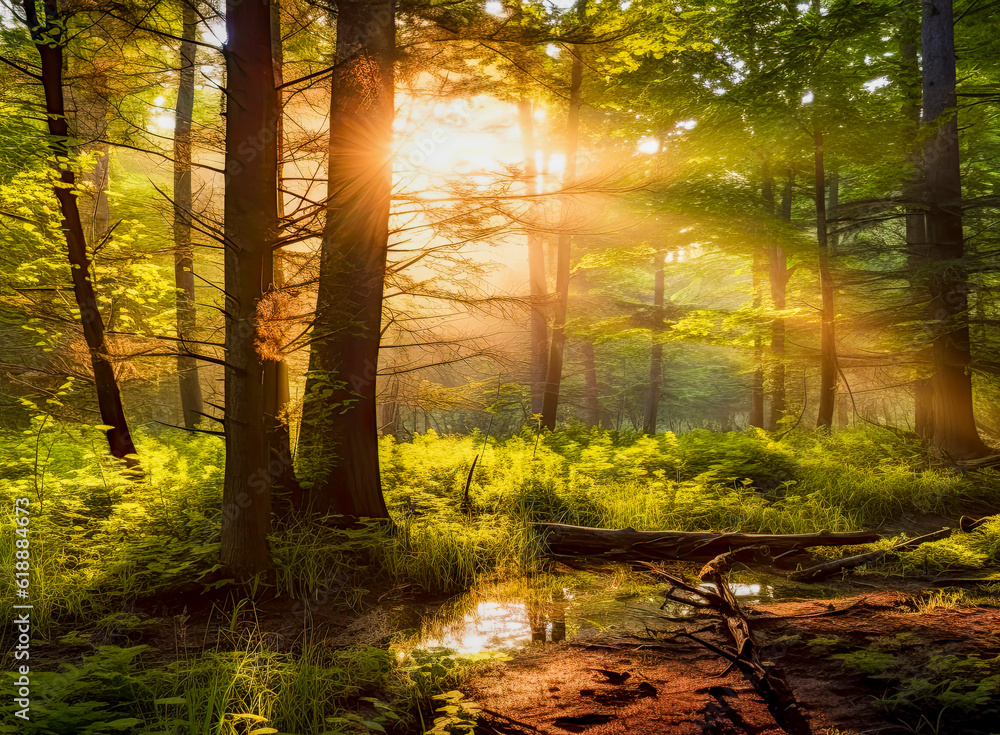 Fototapeta premium Sun shines through the trees in the forest on a sunny day. Generative AI